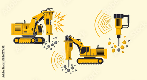 Dynamic Construction Machinery Breaking Ground And Rock With Hydraulic Hammer Drills