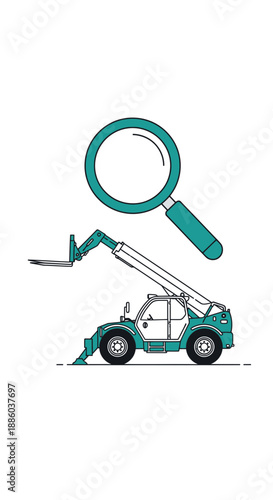 Detailed Inspection Of Industrial Forklift Equipment With Magnifying Glass Tool