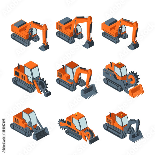 Detailed Isometric Construction Vehicles And Heavy Equipment Earthmoving Machinery Set