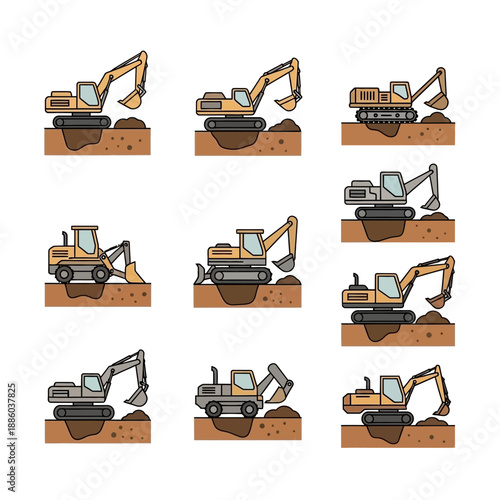 Detailed Vector Illustration Set Showcasing Various Heavy Construction Excavators Engaging In
