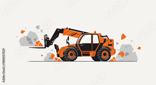 Dynamic Construction Vehicle Telehandler Moving Debris In A Flat Vector Style Illustration