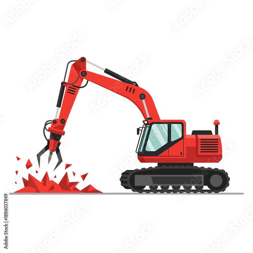 Dynamic Demolition Excavator Action At A Construction Site Flat Design Illustration