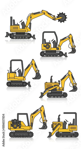 Detailed Vector Illustrations Of Construction Site Excavators And Heavy Earthmoving Equipment Set
