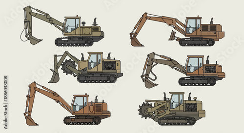 Diverse Construction Excavator Machines Set Industrial Earthmoving Vehicle Vector Art