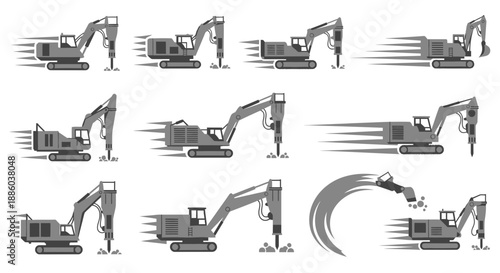 Dynamic Heavy Excavator Hydraulic Breaker Machines In Action Vector Set Illustration Collection