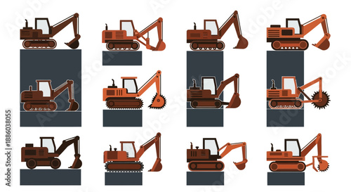 Diverse Excavator Machinery Vector Illustration Set For Construction Industry Projects
