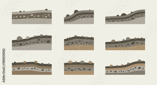 Diverse Geological Ground Cross Sections Displaying Varied Soil Layers And Earth Strata Formations