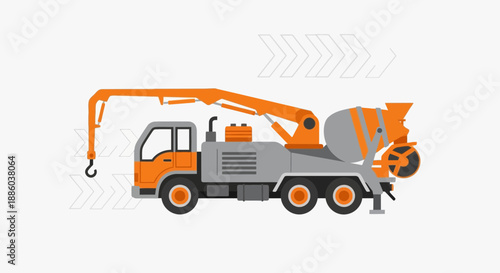 Dynamic Heavy Machinery Design Featuring A Concrete Pump Truck And Lifting Crane