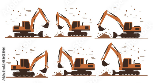Dynamic Heavy Machinery Excavators Actively Moving Earth On A Busy Construction Site Vector