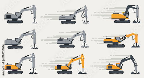 Dynamic Hydraulic Breaker Excavator Machinery Working Operations Vector Illustration