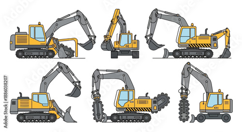 Diverse Range Of Industrial Excavators Illustrated In Clean Line Art Style Construction Equipment