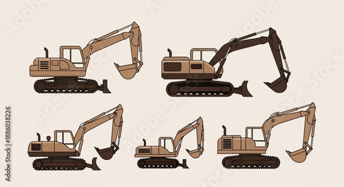 Diverse Set Of Flat Design Excavator Machines Essential For Modern Construction Sites