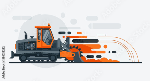 Dynamic Industrial Bulldozer Clearing Snow Rapidly In Bold Flat Design Illustration