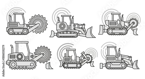 Dynamic Industrial Engineering Vehicles And Heavy Construction Equipment Outline Icons Modern