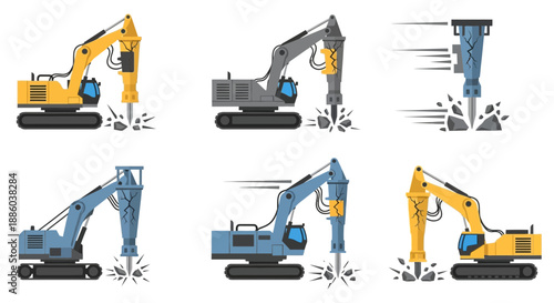 Dynamic Industrial Machinery Excavators With Jackhammer Attachments Demolishing Rocks