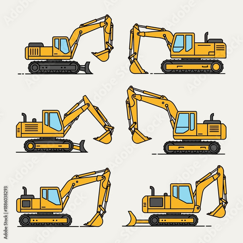 Dynamic Assortment Of Flat Design Excavator Heavy Equipment Vector Illustrations Construction Site