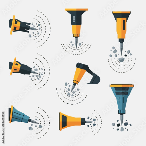 Dynamic Array Of Heavy Duty Construction Jackhammers For Breaking Concrete Surfaces And Roads