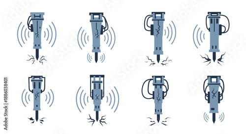 Dynamic Jackhammer Icons Set Illustrating Construction Work And Demolition Processes