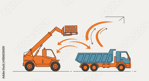 Dynamic Material Flow Illustration With Telehandler And Construction Vehicle For Industrial