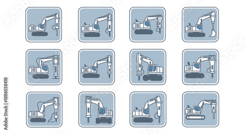 Dynamic Collection Of Heavy Industrial Excavator And Demolition Equipment Vector Icons Set