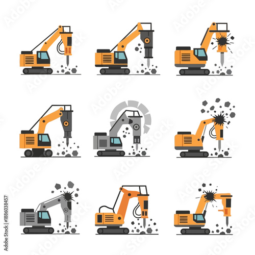 Dynamic Collection Of Industrial Excavator Vehicles Featuring Powerful Hydraulic Breakers