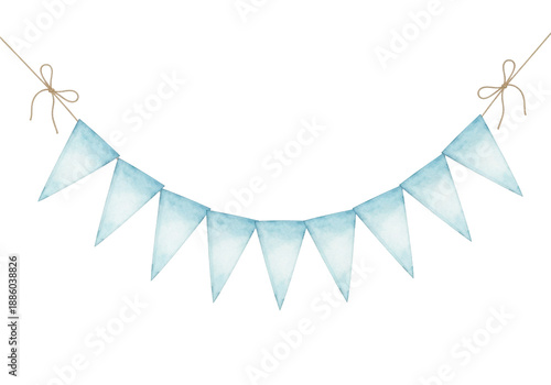 delicate soft light blue watercolor triangle bunting flags suspended by natural twine and neat bows against a clean gray background. concept for baby boy celebration