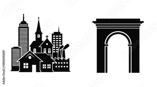 Cityscape and archway illustrations presented as bold graphic silhouettes