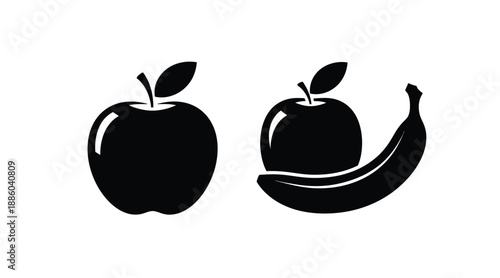 Black fruit icons depicting apples and a banana simple silhouette