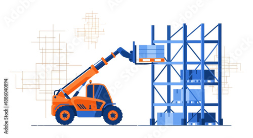 Efficient Logistics With A Telehandler Placing Pallets In Modern Warehouse Storage Facility