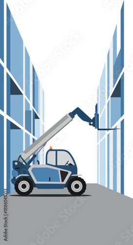 Efficient Telescopic Handler Operating Inside A Modern Warehouse Aisle With Storage Racks