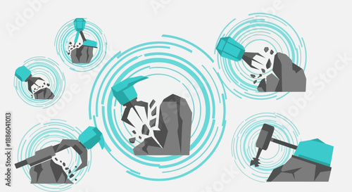 Dynamic Vector Depicting Industrial Tools Actively Breaking And Shaping Stone With Energy Swirls