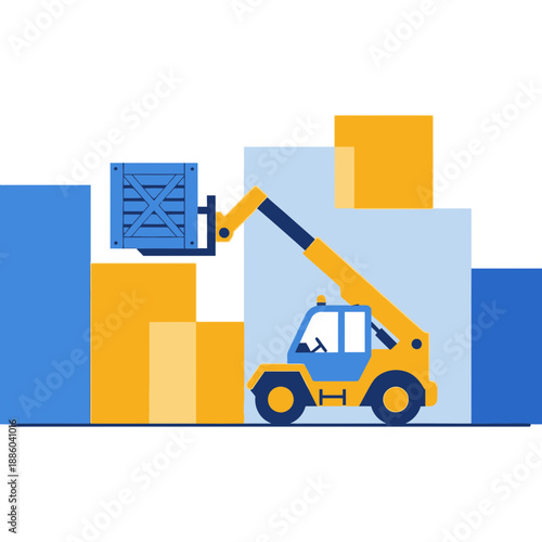 Efficient Warehouse Logistics Solutions Featuring Forklift Moving Cargo Crate Illustration
