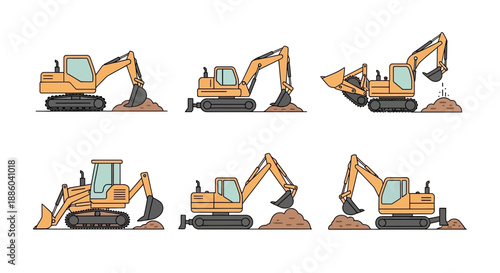 Dynamic Vector Illustrations Of Heavy Equipment Excavators Working Construction Site