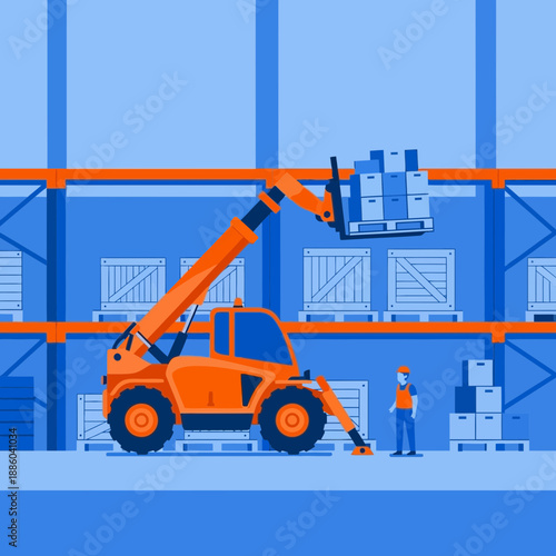 Efficient Warehouse Operations With A Telehandler And Worker Managing Inventory
