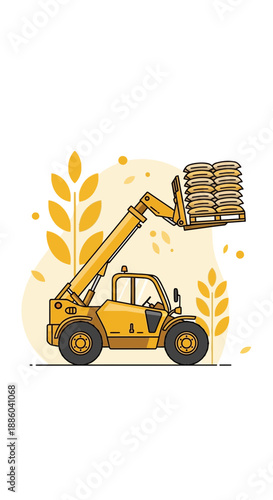 Efficient Yellow Telehandler Operating During Rural Harvest Loading Grain Sacks Optimizing Farm