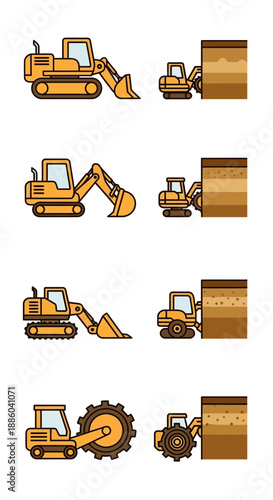 Dynamic Yellow Construction Vehicles Engaged In Earth Moving Operations Set Illustration