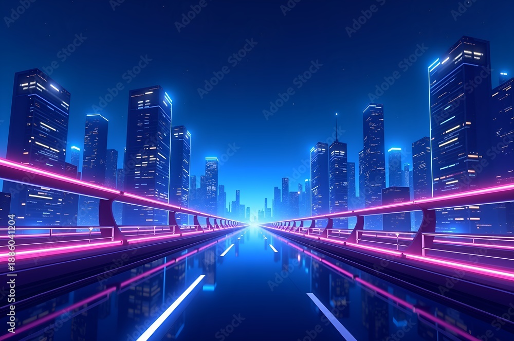 Obraz premium Neon Cityscape View Down a Roadway