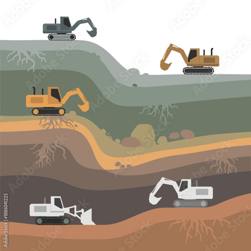 Earthworks Operations With Heavy Equipment Uncovering Geological Layers Illustration