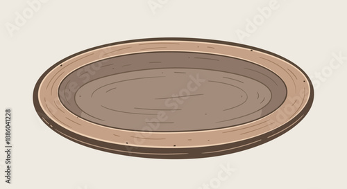 Empty Hand Drawn Style Oval Wooden Platter Isolated On Neutral Background