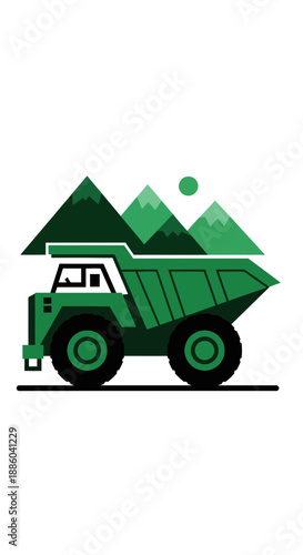 Eco Friendly Green Dump Truck Transporting Abstract Mountain Landscape Vector Graphic Design