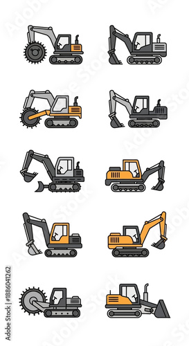 Essential Collection Of Heavy Duty Industrial Excavator Construction Vehicles Icon Set Digital
