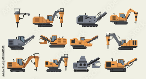 Essential Collection Of Industrial Demolition And Earthmoving Machinery Vector Graphics Set