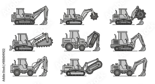 Essential Heavy Construction Machinery And Excavators Collection Vector Illustration Set