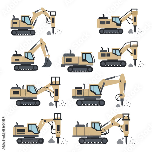 Essential Heavy Construction Machinery Vector Art Set Earthmoving And Demolition Equipment
