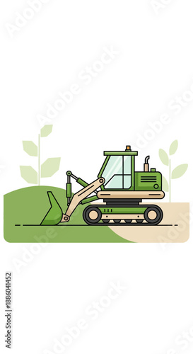 Efficient Green Mini Excavator Machinery Working On Ground In Flat Style Illustration