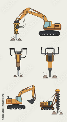 Essential Heavy Equipment For Demolition And Groundwork Projects Vector Set Illustration