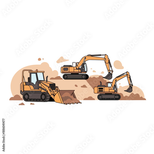 Essential Heavy Equipment Digging And Moving Earth On A Construction Site Vector Graphic