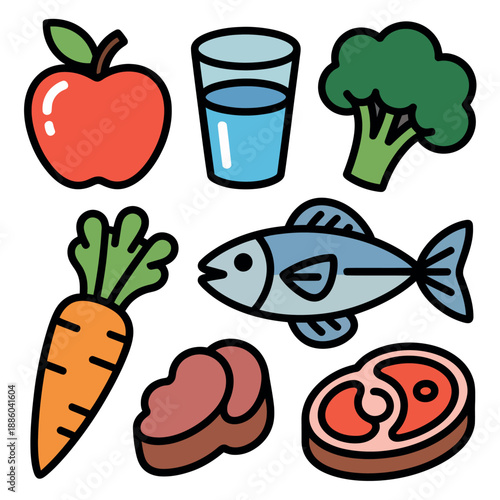 Colorful cartoon healthy food icons set including fish meat vegetables and fruits