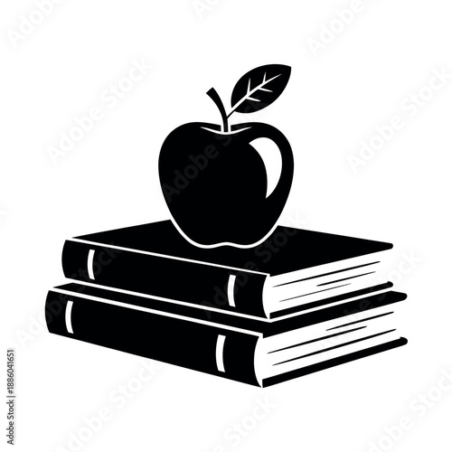 Black and White Illustration of Apple on Stack of Books, Educational Symbol