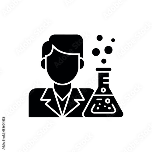 Black and White Icon of Scientist with Beaker and Bubbles, Laboratory Concept